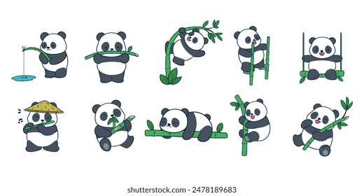 Netter entzückender Panda spielt mit seinem Bambus, Vektorillustration von entzückendem Panda