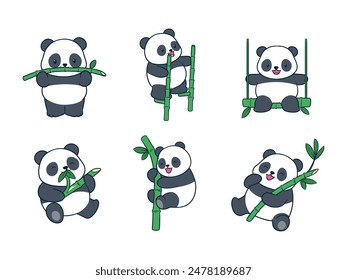 Cute adorable panda playing with his bamboo, Vector illustration of adorable panda