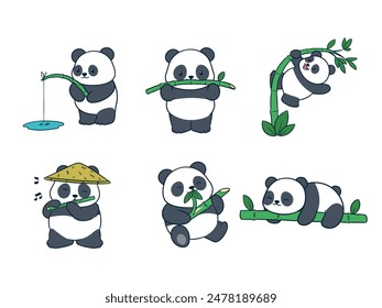 Lindo panda adorable jugando con su bambú, Ilustración vectorial de panda adorable