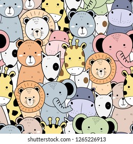 Cute adorable pastel colored thin line cartoon doodle animals seamless pattern background wallpaper vector eps10