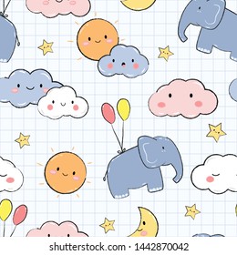 Cute adorable pastel sky cloud sun moon and floating elephant with balloon cartoon doodle seamless pattern background wallpaper