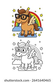 Cute and Adorable Pegasus Horse Coloring Book with Wings, Set Against a Background of Clouds, Rainbow, and Stars