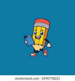 Cute and adorable pencil mascot vector illustration, walking while carrying a book with a cheerful expression suitable for educational materials, school logos, learning icons