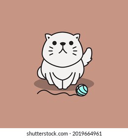 Cute Adorable Persian Cat Kitten Playing Yarn Ball Cartoon Illustration