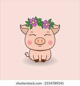 Cute adorable pig cartoon character. Vector illustration funny piggy flat design. Eps 10.
