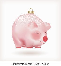 Cute adorable pink baby girl piggy realistic Christmas or New Year Bubble with golden cap isolated on white background. Chinese Symbol of New Year. Vector Illustration