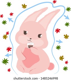 Cute adorable pink bunny with long ears isolated on white background. Vector image of healthy animal resisting seasonal cold virus. Immune barrier against microbes. Rabbit immune defense with syrup