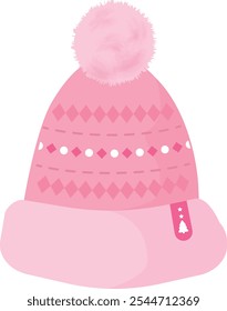 Cute adorable pink knitted winter hat with single pompom vector flat illustration