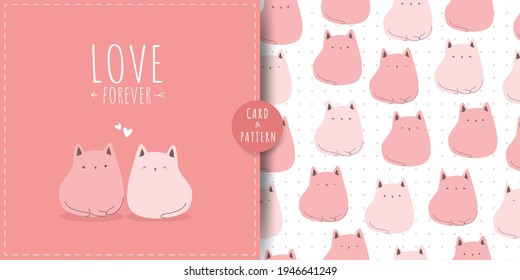 Cuidada tarjeta de dibujos animados de gatito color rosa pastel adorable y papel tapiz de fondo de conjunto sin fisuras