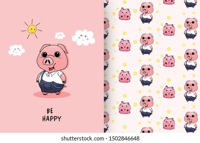 Cute adorable pink pig card and repeating pattern vector image