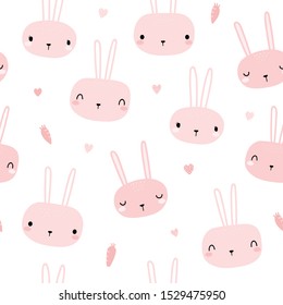 Cute adorable pink rabbit bunny head cartoon doodle seamless pattern white background wallpaper pastel color, can use for wrapping paper or print on product, vector eps10