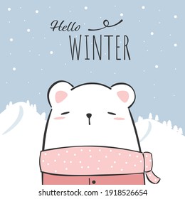 Cute adorable polar bear greeting winter season cartoon doodle flat design card background wallpaper, can use for nursery or print on product