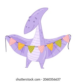 Cute adorable Pterosaurus animal with party flags. Lovely dino for nursery, t-shirt, book, print, poster design cartoon vector illustration