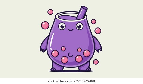 Una linda y adorable ilustración de personaje de té de burbuja púrpura con perlas de boba flotando alrededor. El personaje está diseñado en un estilo de dibujos animados, tiene una cara sonriente feliz e incluye una pajita, lo que lo hace
