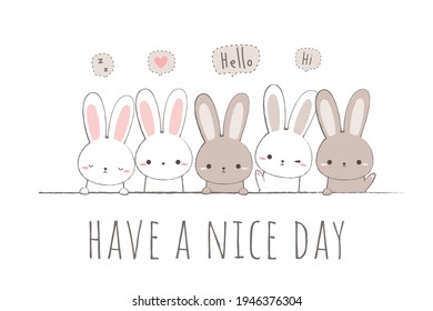 Cute adorable rabbit bunny greeting cartoon doodle pastel card background wallpaper