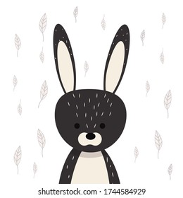 Cute, adorable rabbit in Scandinavian style stock vector illustration on leaves background. Poster, print, baby shower composition. Fashion forest animal.