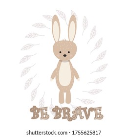 Cute, adorable rabbit in Scandinavian style stock vector illustration on leaves background. Poster, print, baby shower composition. Fashion forest animal.