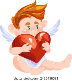 Cute Adorable red hair Cupid cartoon character with an big heart, kawaii chibi cupid