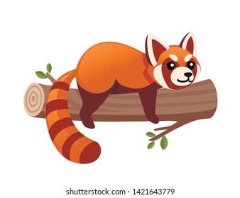 Cute adorable red panda lies on wooden log cartoon design animal character flat vector style illustration on white background