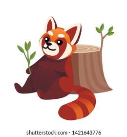 Cute adorable red panda sitting back to stump and resting after eating cartoon design animal character flat vector style illustration on white background