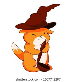 cute adorable red witch kitty cat with white tummy in hat and with ladle spoon