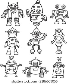 Cute and adorable retro robot doodle for children coloring book