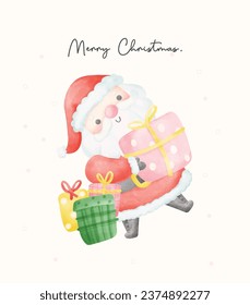 Cute and adorable Santa Claus with gifts cartoon character Watercolor Art, Perfect for greeting cards and festive decorations.