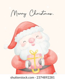 Cute and adorable Santa Claus with gifts cartoon character Watercolor Art, Perfect for greeting cards and festive decorations.