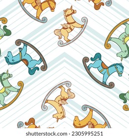 A cute and adorable seamless pattern design of rocking horse in many different form.