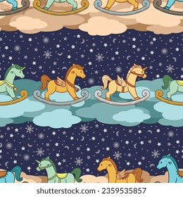 A cute and adorable seamless pattern design of rocking horse in many different form.