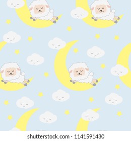 Cute adorable sheep sleeping on moon with cloud cartoon doodle seamless pattern background wallpaper vector eps10