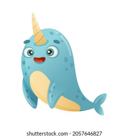 Cute adorable smiling narwhal sea creature cartoon vector illustration on white background