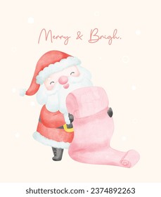 Cute and adorable smiling Santa Claus with name list cartoon character Watercolor Art, Perfect for greeting cards and festive decorations.