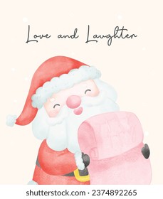 Cute and adorable smiling Santa Claus with name list cartoon character Watercolor Art, Perfect for greeting cards and festive decorations.