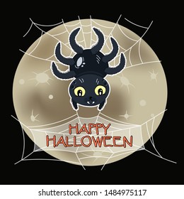 cute adorable spider on web, halloween greeting card on night sky background, editable vector illustration