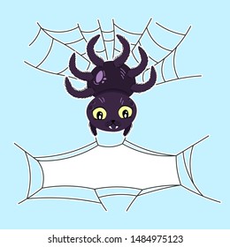 cute adorable spider on web, halloween greeting card on blue sky background, editable vector illustration