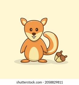 Cute and adorable squirrel with acorn cartoon vector illustration, Thanksgiving greeting card with cute and funny squirrels