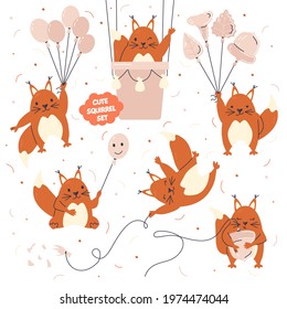 Cute adorable squirrel with balloons isolated. Scandinavian funny wild animal in different poses. Childish character illustration, poster print design, baby apparel. Vector flat cartoon drawing