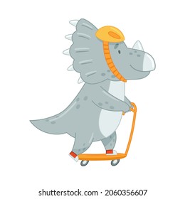 Cute adorable Stegosaurus animal riding kick scooter. Lovely dino for nursery, t-shirt, book, print, poster design cartoon vector illustration