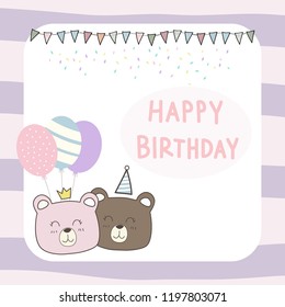 Cute adorable teddy bear face cartoon invitation card frame with Happy Birthday text background wallpaper vector eps10