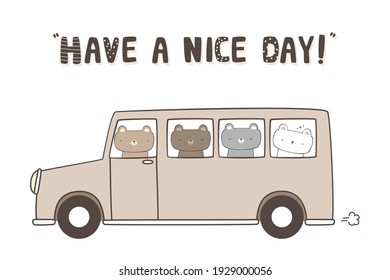 Cute adorable teddy bear and polar bear driving a van car cartoon doodle card background wallpaper, can use for nursery or print on product