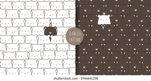 Cute adorable teddy bear and polar bear cartoon doodle card and seamless pattern bundle background wallpaper vector