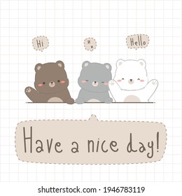 Cute adorable teddy bear and polar bear friend greeting cartoon doodle pastel card vector