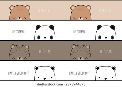 Cute adorable teddy polar bear and panda cartoon doodle quote vector seamless pattern