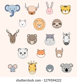 Cute adorable thin line animal heads cartoon doodle style can use for education vector eps10