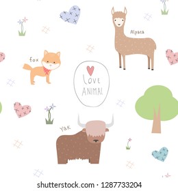 Cute adorable thin line animal fox alpaca yak cartoon doodle seamless pattern background wallpaper vector eps10