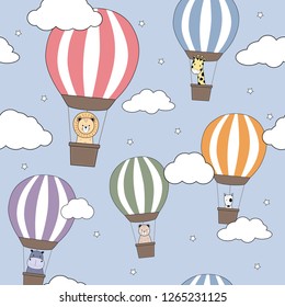 Cute adorable thin line animals cartoon doodle in hot air balloons in blue sky with cloud seamless pattern background wallpaper vector eps10