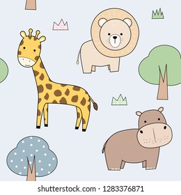 Cute adorable thin line animals giraffe lion hippopotamus cartoon doodle seamless pattern background wallpaper vector eps10