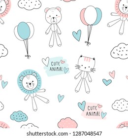 Cute adorable thin line animals puppet pastel color cartoon doodle style seamless pattern background wallpaper vector eps10