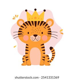 Cute Adorable Tiger Animal Cartoon Character Wearing King Crown in the Jungle